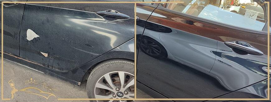 عکس قبل و بعد بازسازی رنگ درب هیوندا اکسنت مشکی در مرکز ما